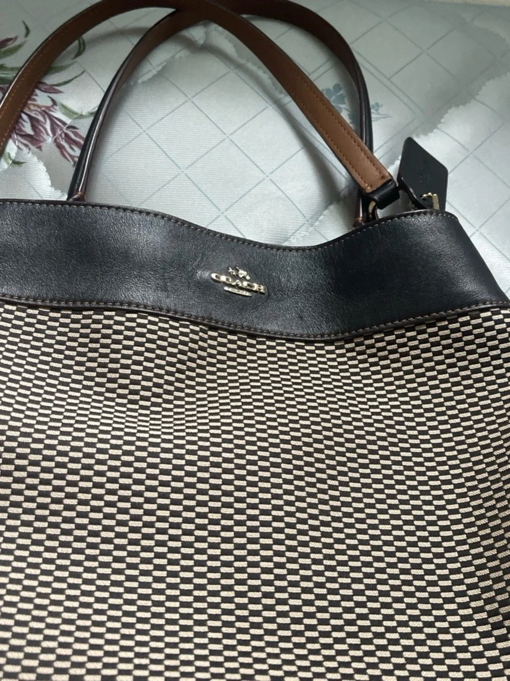 Coach Black and Cream Woven Canvas Tote with Brown Handles